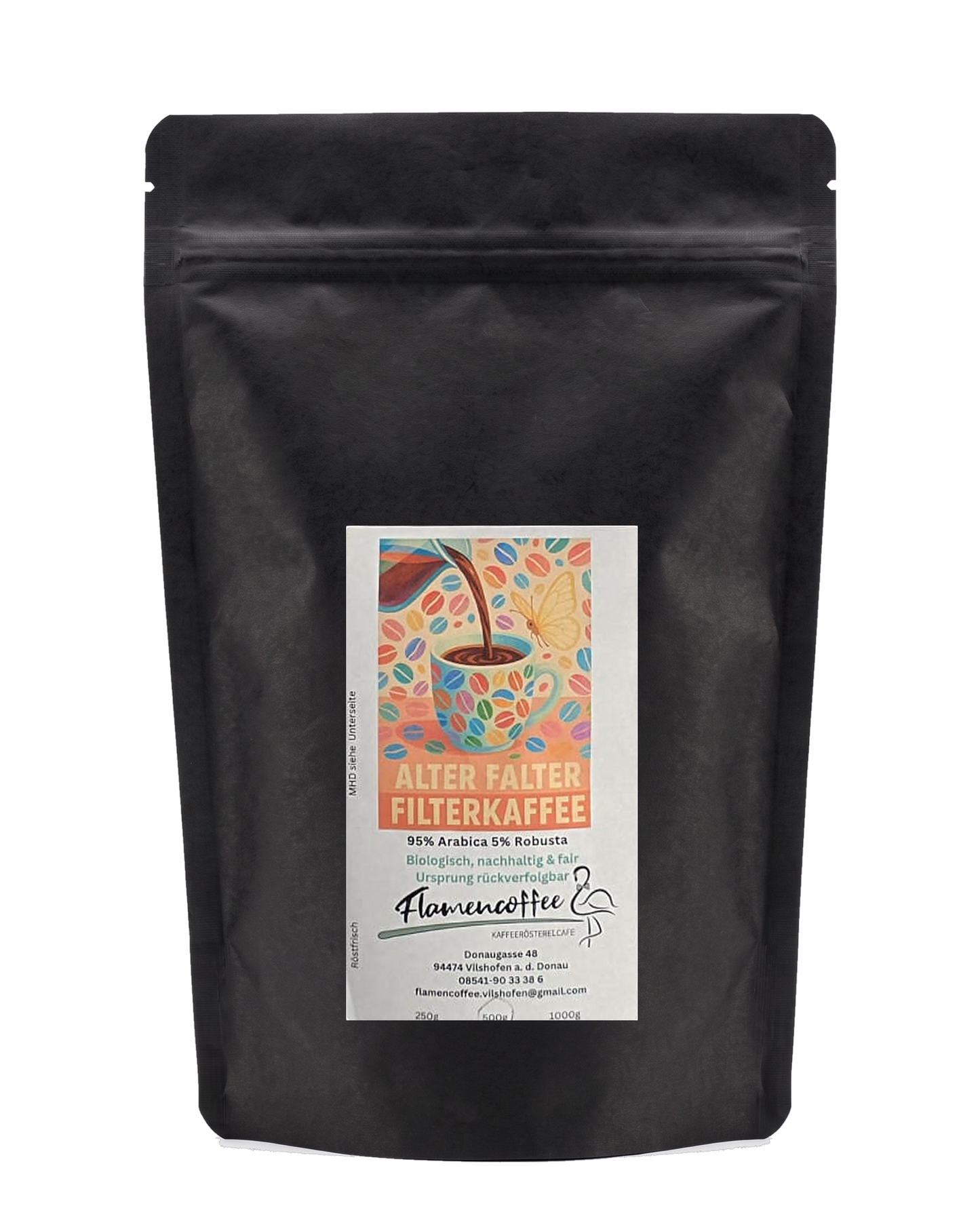 Flamencoffee Alter Falter – Kaffeetüte, freigestellt