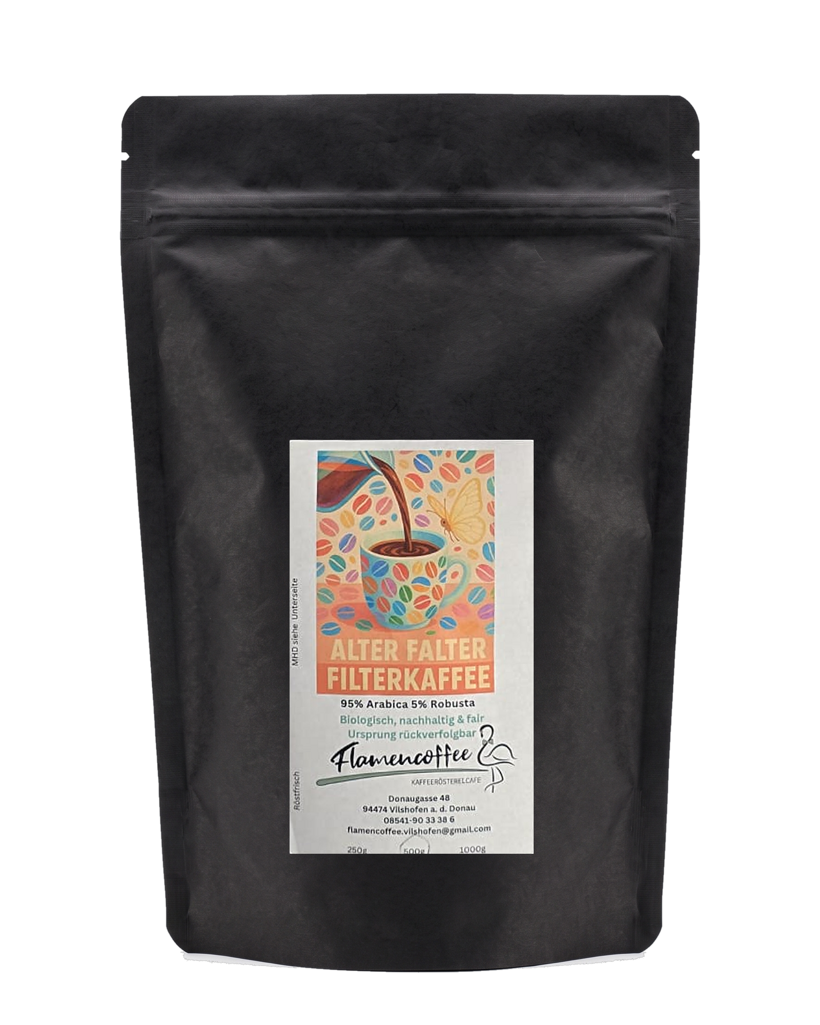 Flamencoffee Alter Falter – Kaffeetüte, freigestellt