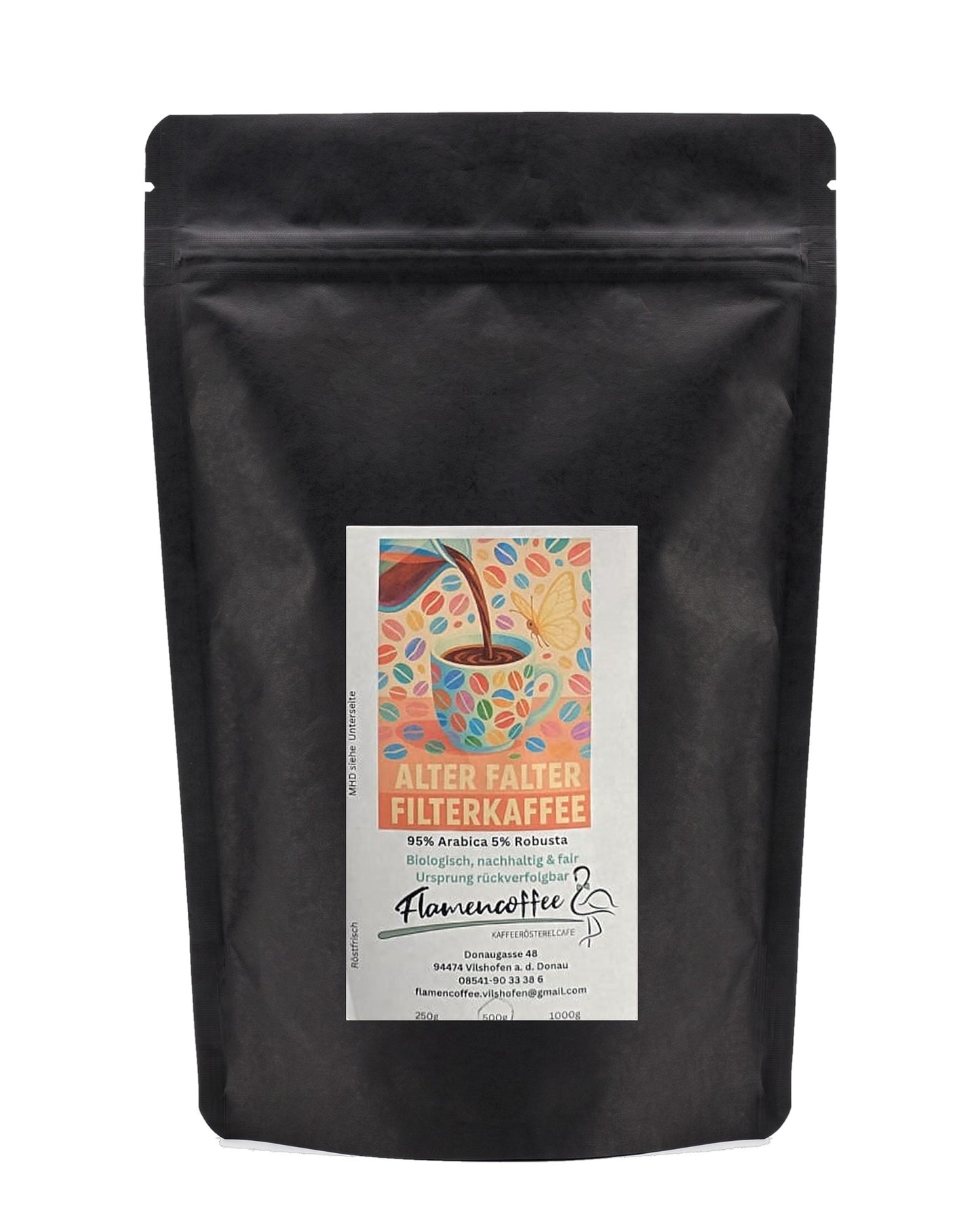 Flamencoffee Alter Falter – Kaffeetüte auf Weiß