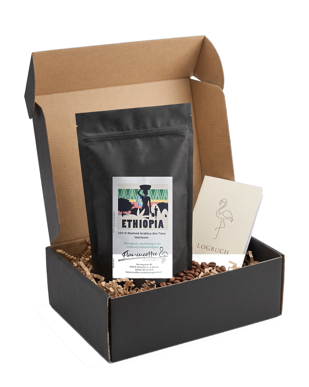 Flamencoffee Club Box – offene Box mit Kaffeetüte des Monats und Logbuch, freigestellt