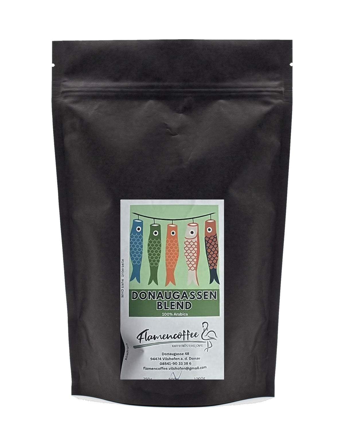 Flamencoffee Donaugassenblend – Kaffeetüte auf Weiß
