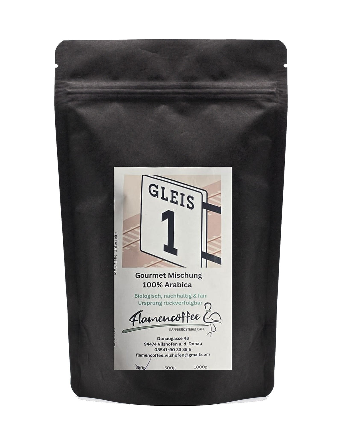 Flamencoffee Gleis 1 – Kaffeetüte auf Weiß