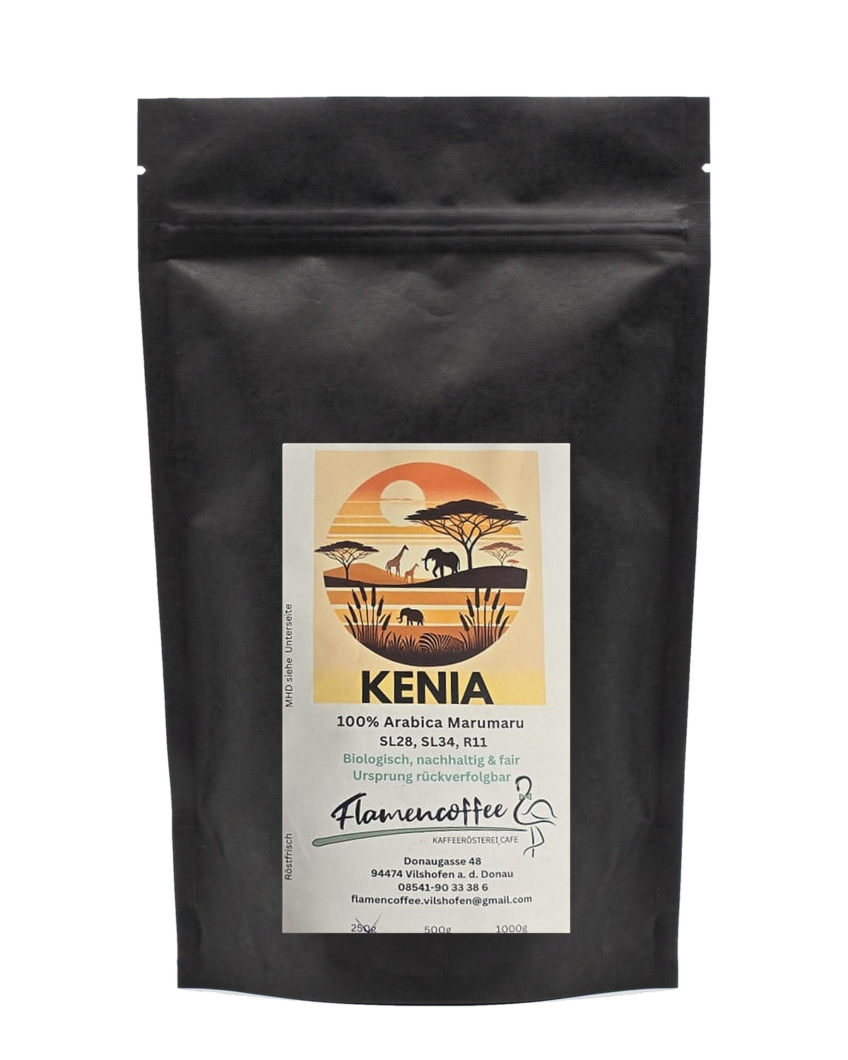 Flamencoffee Kenia – Kaffeetüte auf Weiß