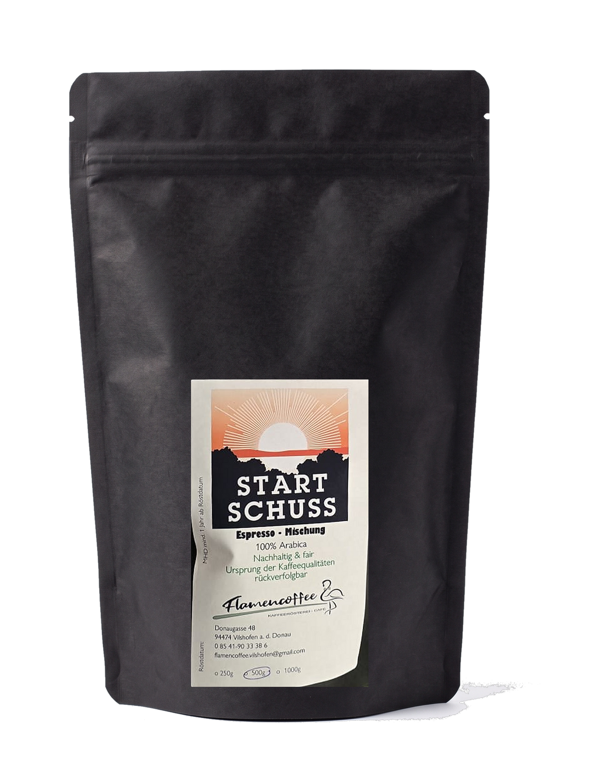 Flamencoffee Startschuss – Kaffeetüte, freigestellt