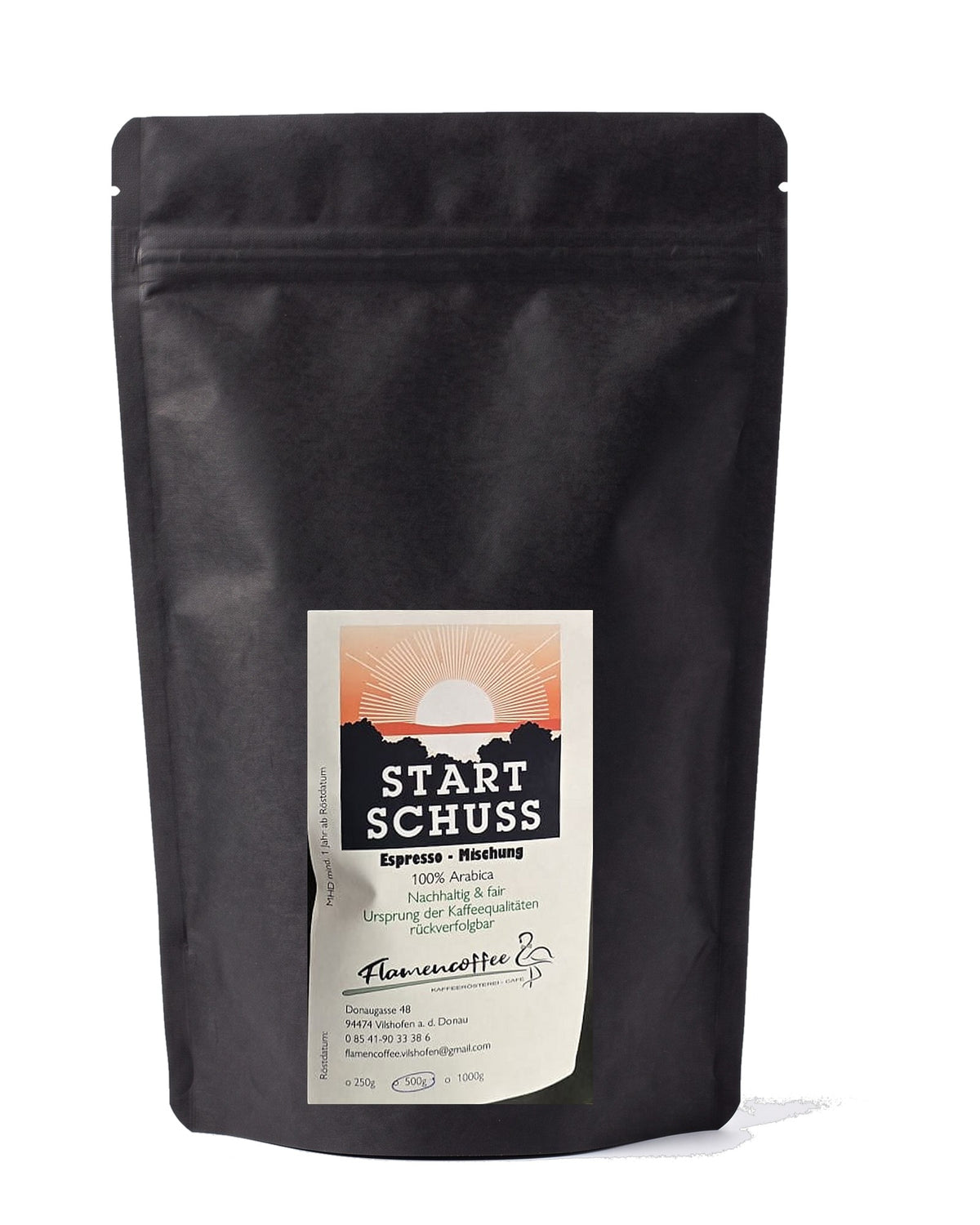 Flamencoffee Startschuss – Kaffeetüte auf Weiß