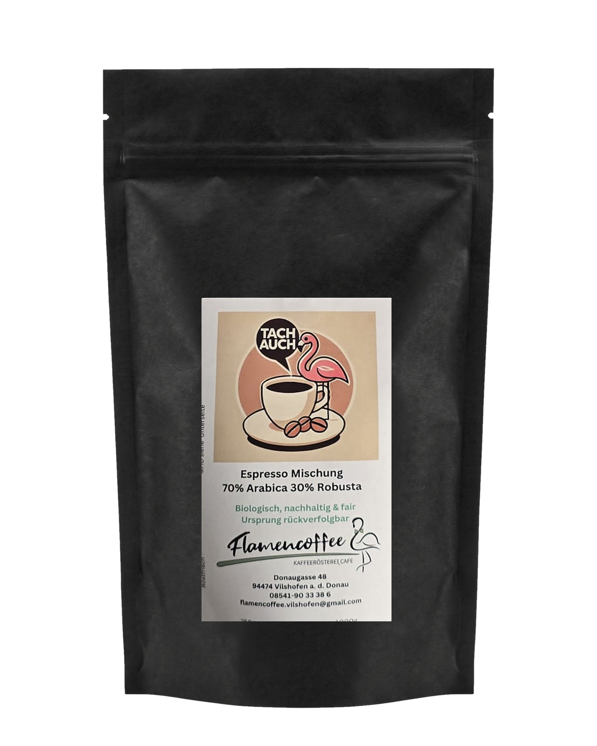 Flamencoffee Tach Auch – Kaffeetüte, freigestellt