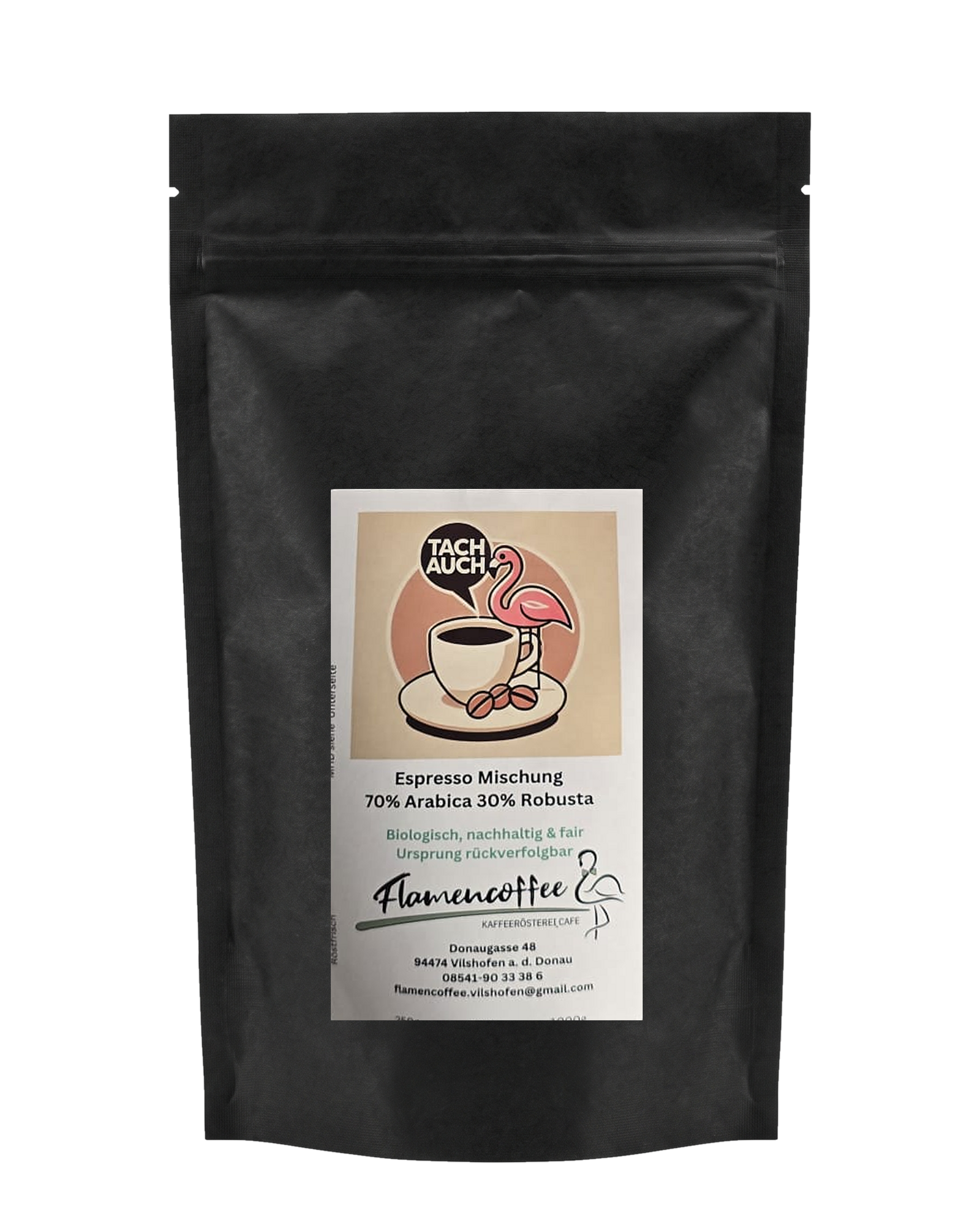 Flamencoffee Tach Auch – Kaffeetüte, freigestellt