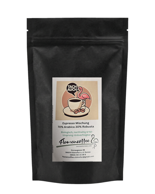 Flamencoffee Tach Auch – Kaffeetüte, freigestellt